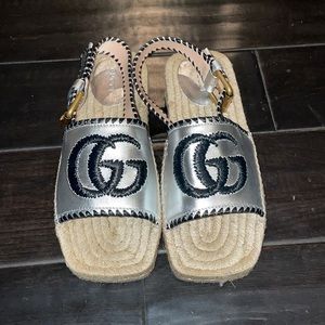 Gucci espadrille sandals. Silver and black. Gold buckle. Never warn